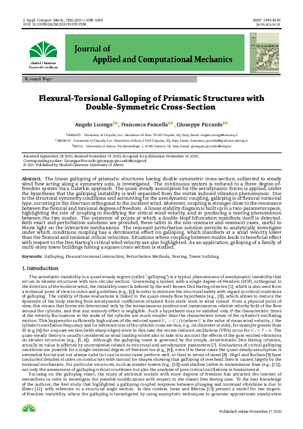 (PDF) Flexural-Torsional Galloping of Prismatic Structures with Double ...