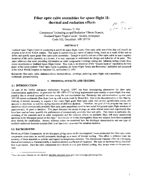 (PDF) Fiber Optic Cable Assemblies for Space Flight 2: Thermal and ...