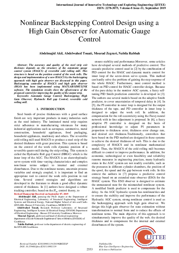 (PDF) Nonlinear Backstepping Control Design using a High Gain Observer ...