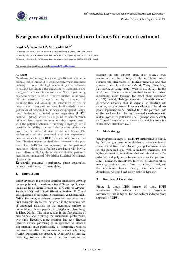 (PDF) New generation of patterned membranes for water treatment
