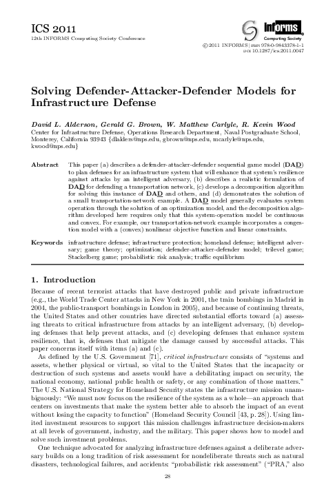 (PDF) Solving Defender-Attacker-Defender Models for Infrastructure Defense