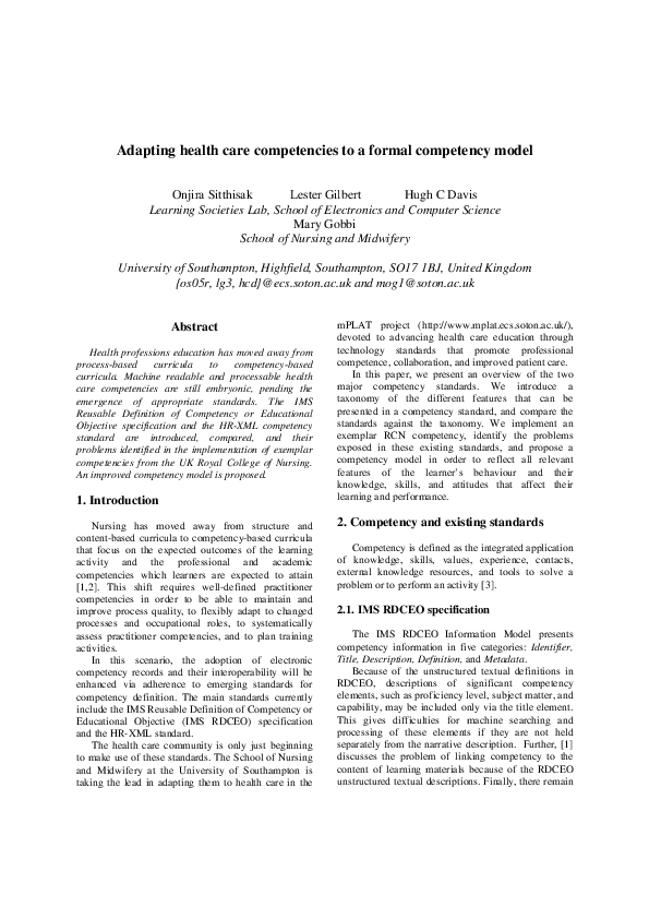 (PDF) Adapting health care competencies to a formal competency model