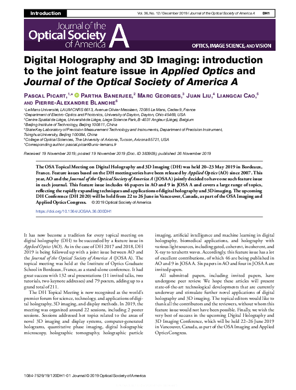 (PDF) Digital Holography and 3D Imaging: introduction to the joint ...