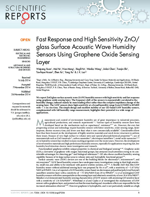 (PDF) Fast Response and High Sensitivity ZnO/glass Surface Acoustic ...