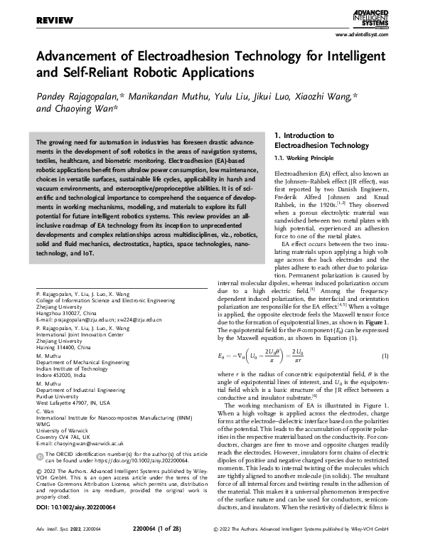 (PDF) Advancement of Electroadhesion Technology for Intelligent and ...
