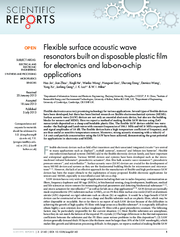(PDF) Flexible surface acoustic wave resonators built on disposable ...