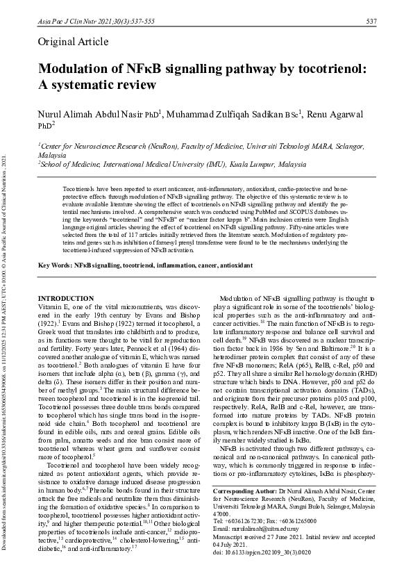 (PDF) Modulation of NFκB signalling pathway by tocotrienol: A ...