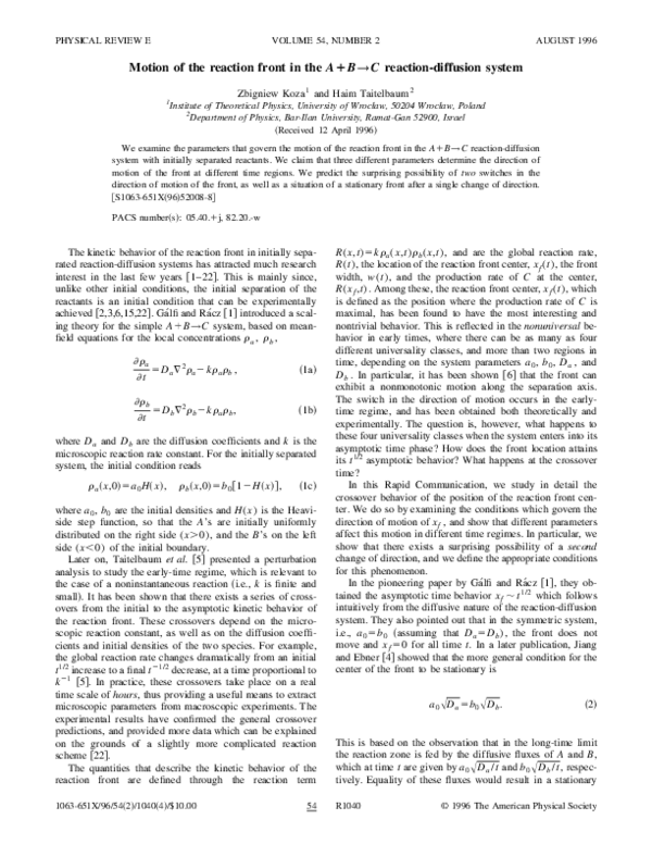 (PDF) Motion of the reaction front in the A+B→C reaction-diffusion system