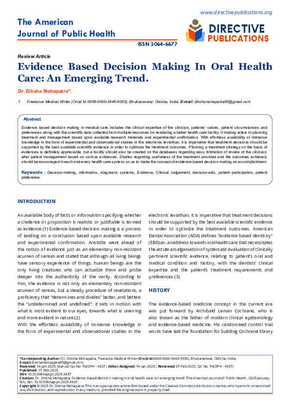 (PDF) Evidence Based Decision Making In Oral Health Care: An Emerging Trend