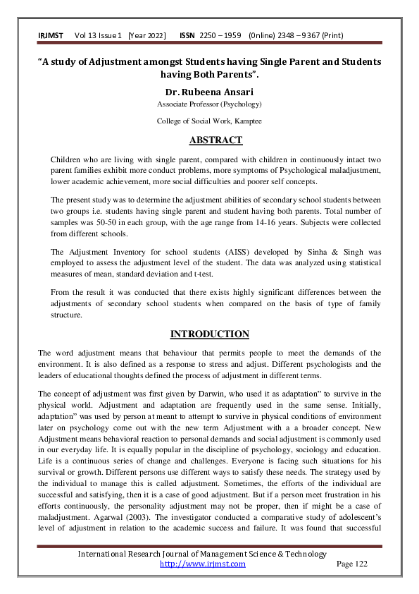(PDF) "A study of Adjustment amongst Students having Single Parent and ...