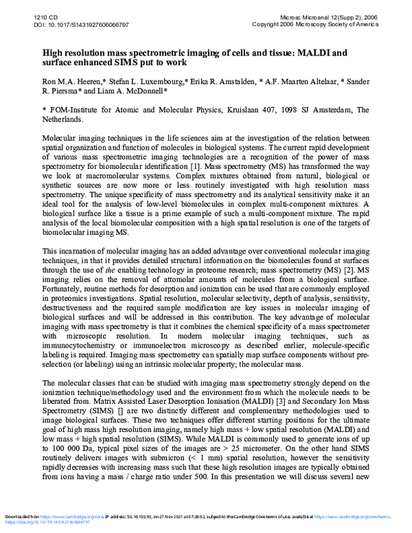 (PDF) High Resolution Mass Spectrometric Imaging of Cells and Tissue ...