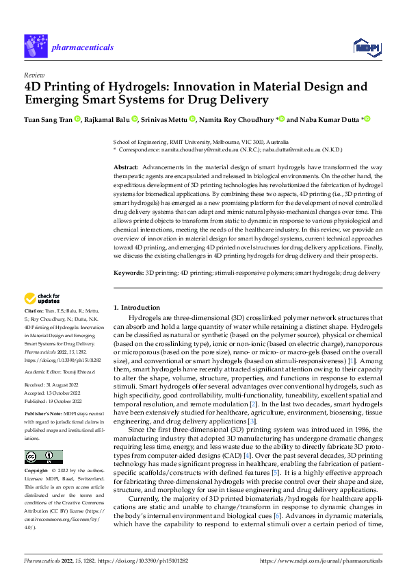 (PDF) 4D Printing of Hydrogels: Innovation in Material Design and ...