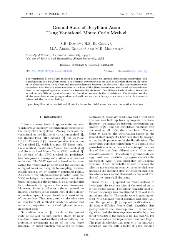 (PDF) Ground State of Beryllium Atom Using Variational Monte Carlo Method