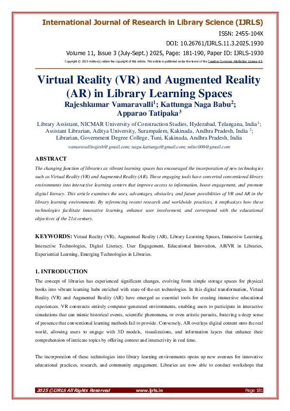 (PDF) Virtual Reality (VR) and Augmented Reality (AR) in Library ...