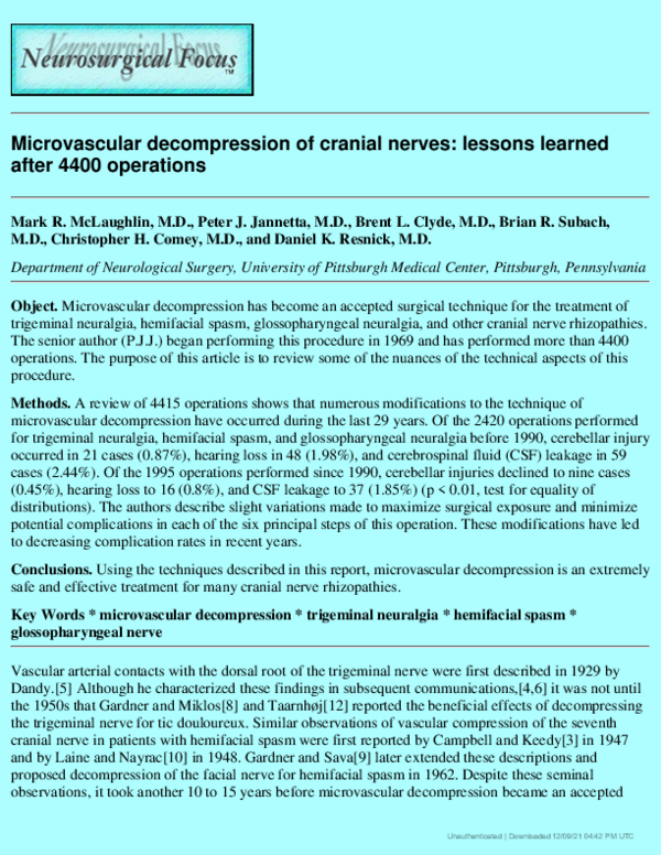 (PDF) Microvascular decompression of cranial nerves: lessons learned ...