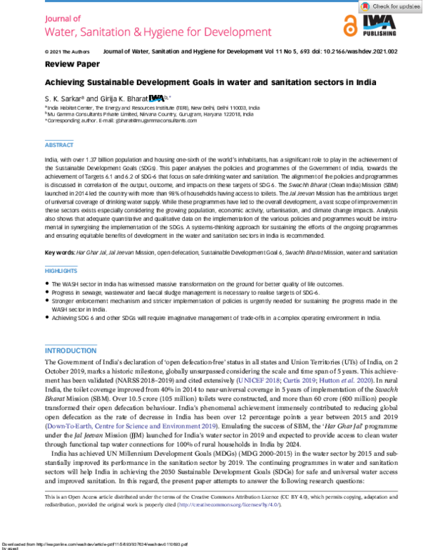 (PDF) Achieving Sustainable Development Goals in water and sanitation ...