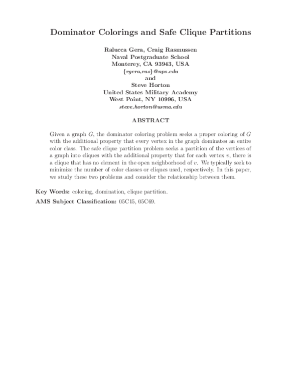 (PDF) Dominator Colorings and Safe Clique Partitions
