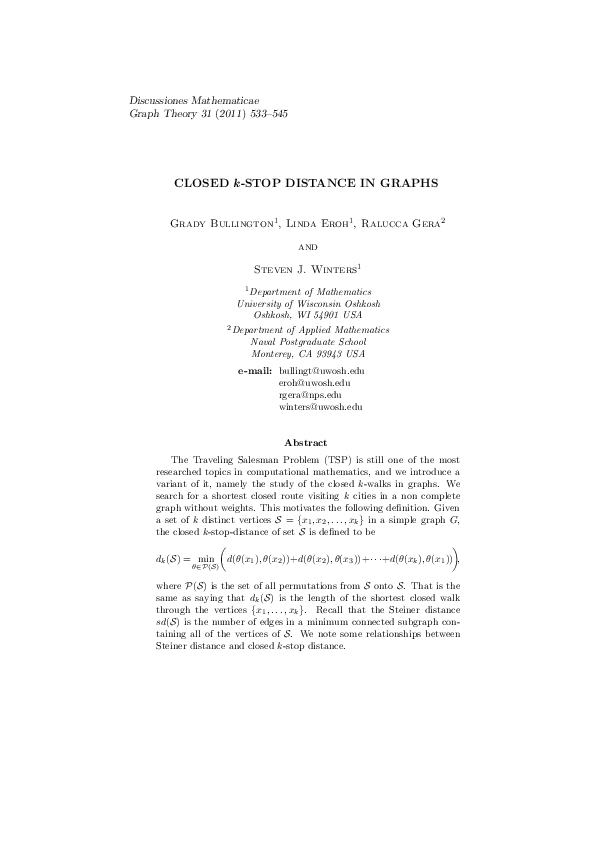 (PDF) Closed k-stop distance in graphs