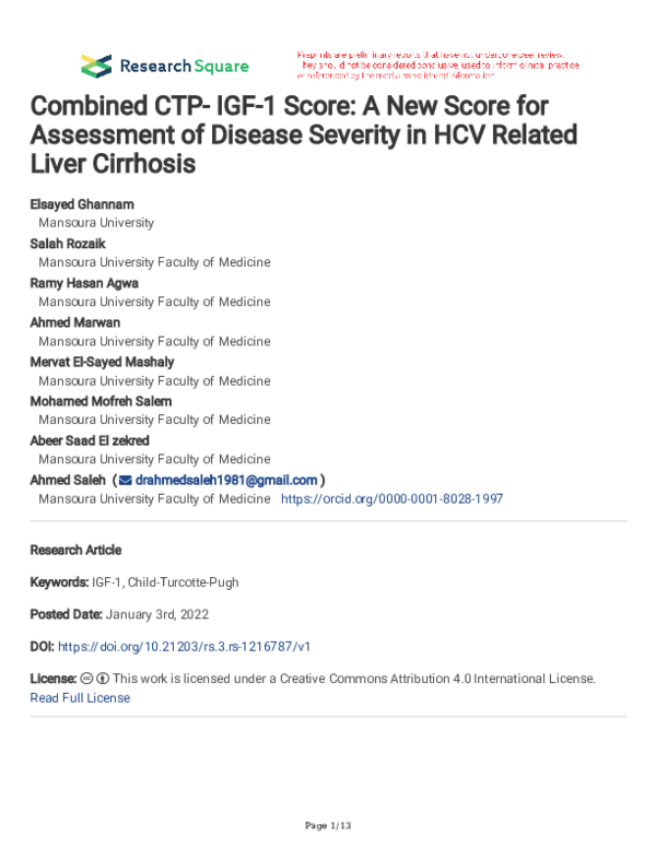 (PDF) Combined CTP- IGF-1 Score: A New Score for Assessment of Disease ...