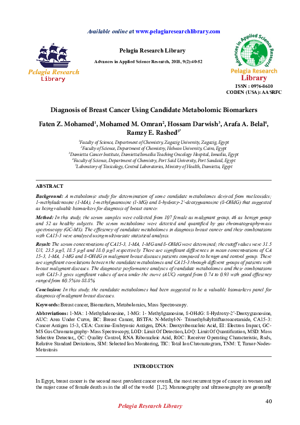 (PDF) Diagnosis of Breast Cancer Using Candidate Metabolomic Biomarkers