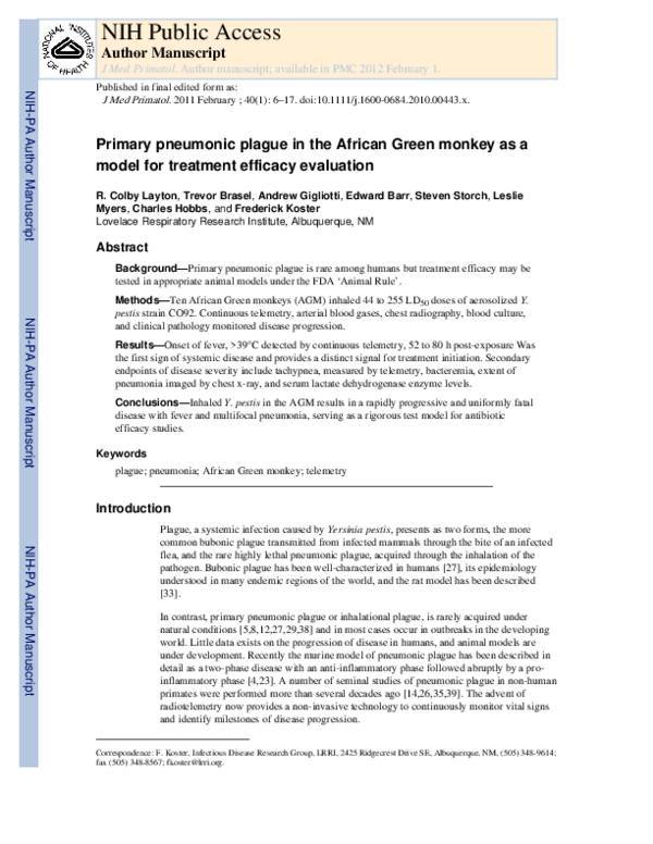 (PDF) Primary pneumonic plague in the African Green monkey as a model ...