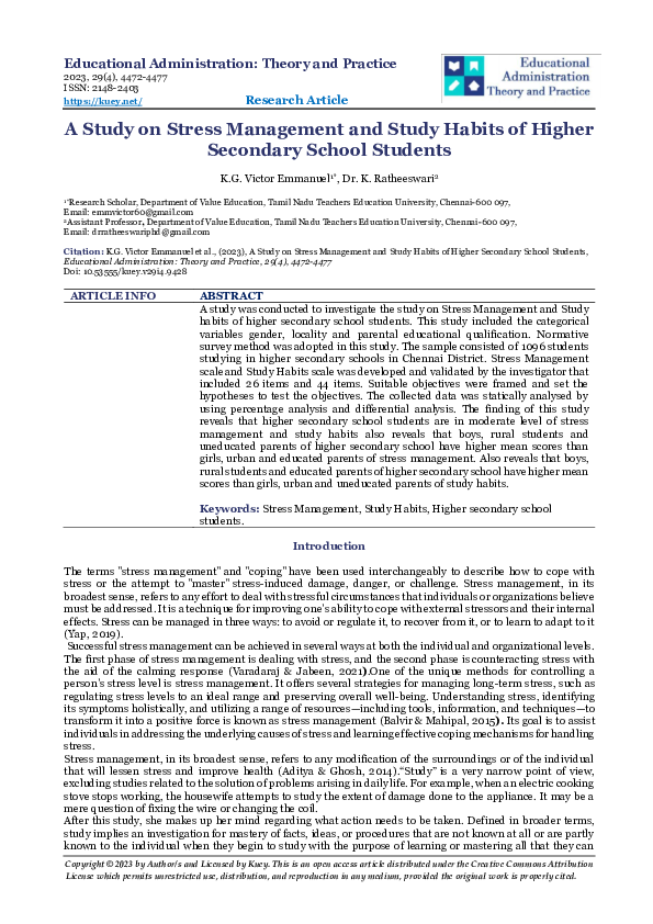 (PDF) A Study on Stress Management and Study Habits of Higher Secondary ...