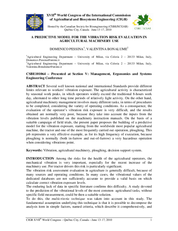 (PDF) A predictive model for the vibration risk evaluation in ...