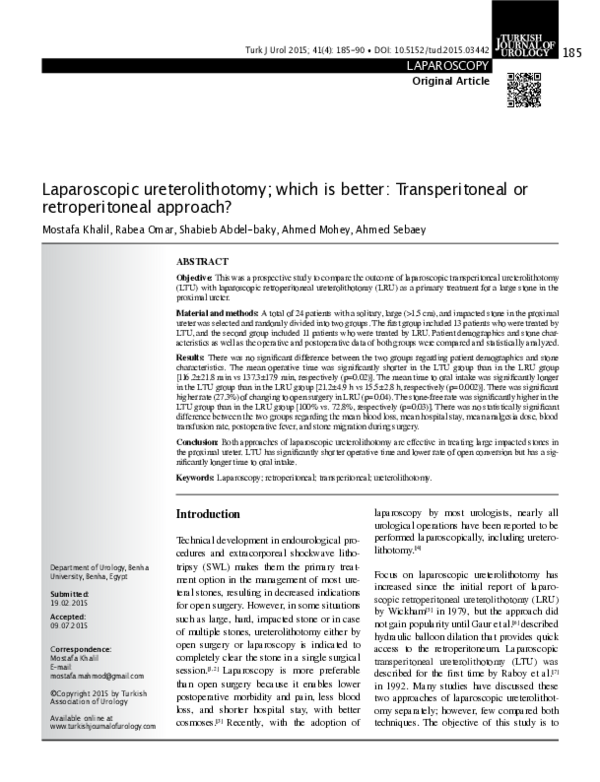 (PDF) Laparoscopic ureterolithotomy; which is better: Transperitoneal ...