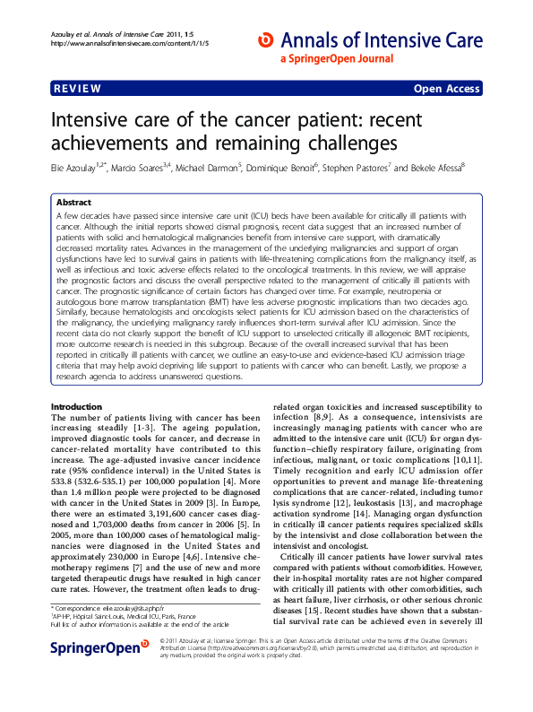 (PDF) Intensive care of the cancer patient: recent achievements and ...