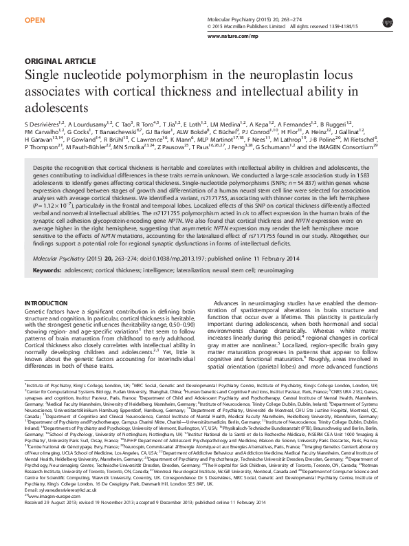 (PDF) Single nucleotide polymorphism in the neuroplastin locus ...