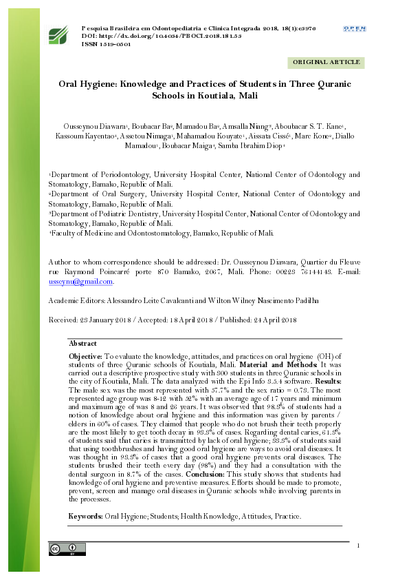(PDF) Oral Hygiene: Knowledge and Practices of Students in Three ...