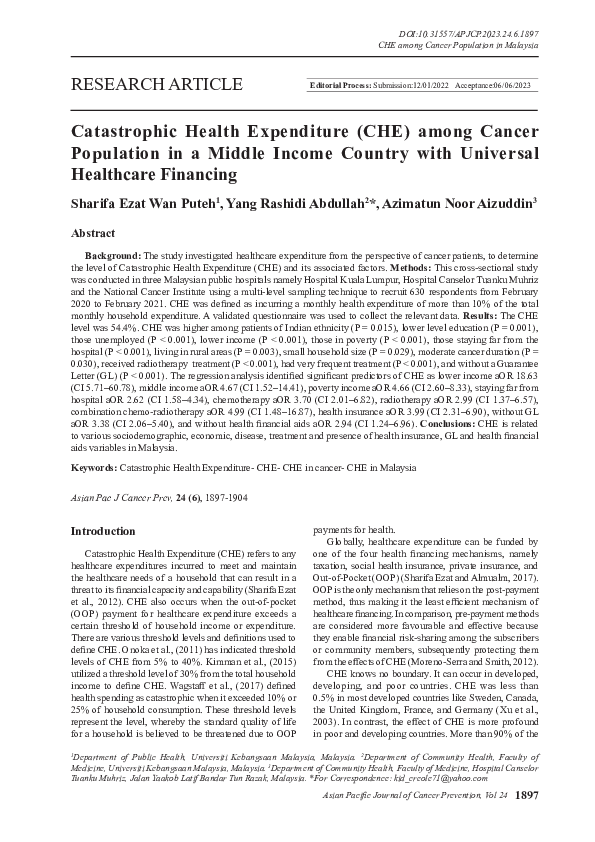 (PDF) Catastrophic Health Expenditure (CHE) among Cancer Population in ...