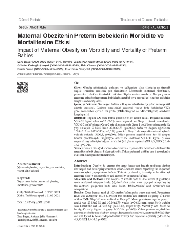 (PDF) Maternal Obezitenin Preterm Bebeklerin Morbidite ve Mortalitesine ...