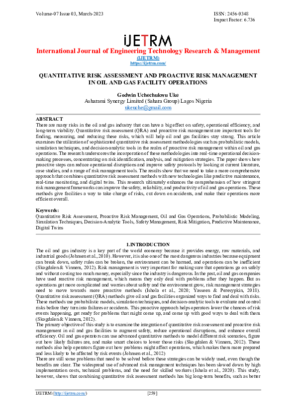 (PDF) QUANTITATIVE RISK ASSESSMENT AND PROACTIVE RISK MANAGEMENT IN OIL ...