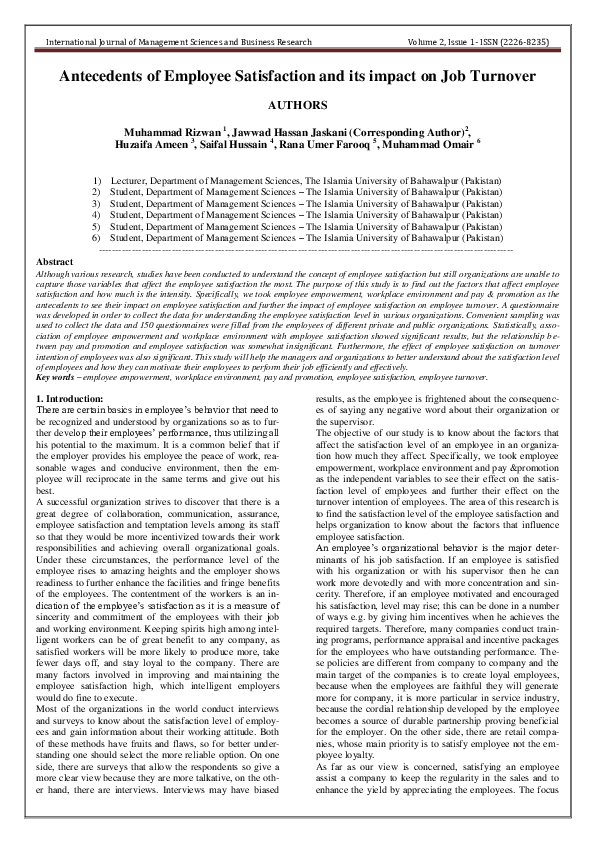 (PDF) Antecedents of Employee Satisfaction and its impact on Job Turnover