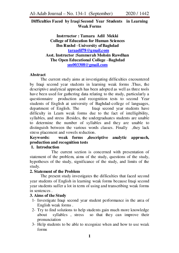(PDF) Difficulties Faced by Iraqi Second Year Students in Learning Weak ...