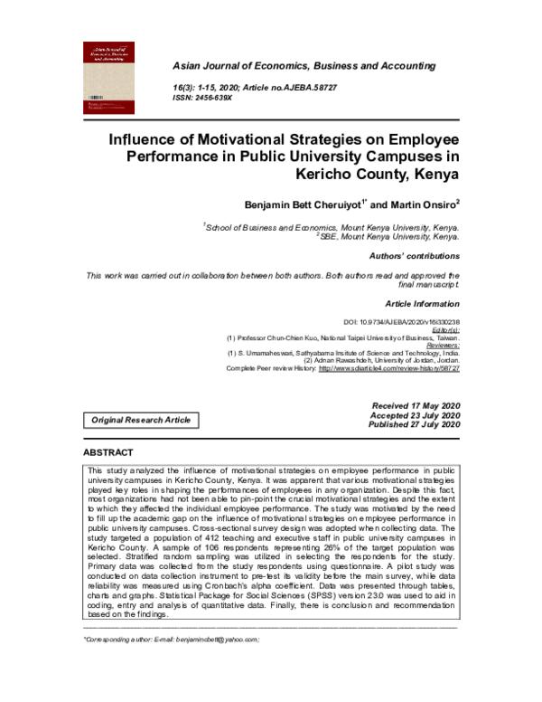 (PDF) Influence of Motivational Strategies on Employee Performance in ...
