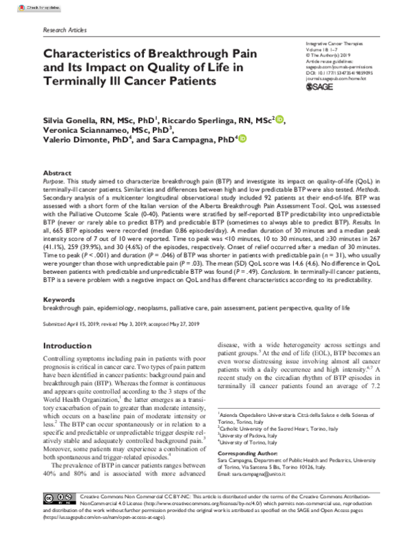 (PDF) Characteristics of Breakthrough Pain and Its Impact on Quality of ...