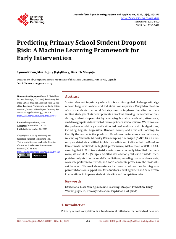 (PDF) Predicting Primary School Student Dropout Risk: A Machine ...
