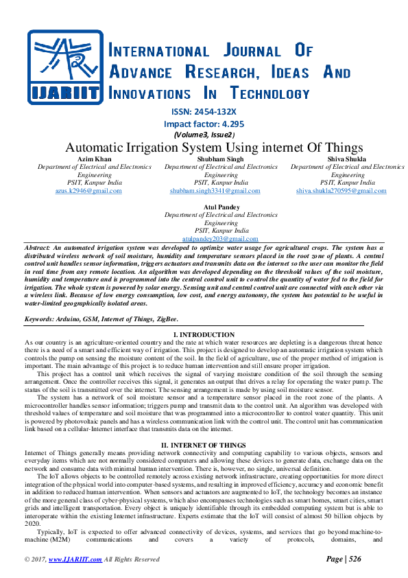 (PDF) Automatic Irrigation System Using Internet of Things