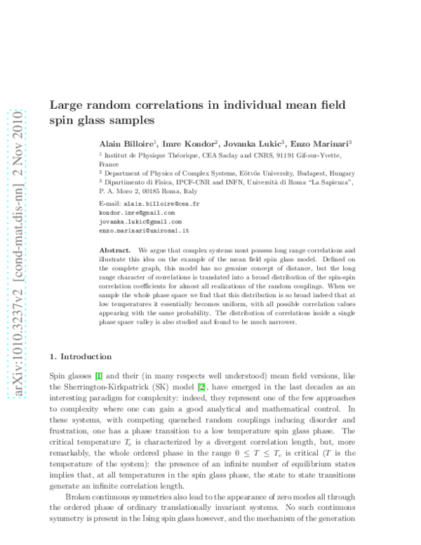 (PDF) Large random correlations in individual mean field spin glass samples