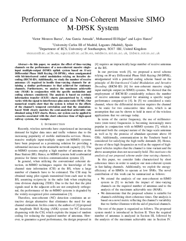 (PDF) Performance of a Non-Coherent Massive SIMO M-DPSK System