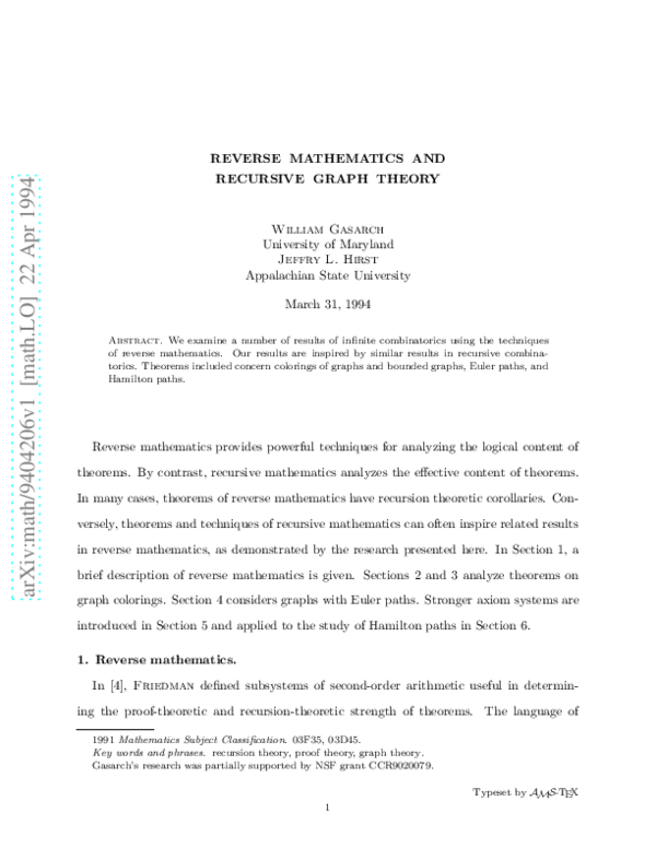 (PDF) Reverse Mathematics and Recursive Graph Theory
