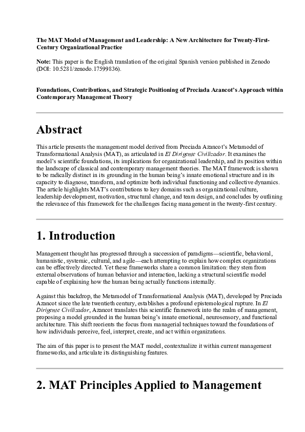 (PDF) The MAT Model of Management and Leadership: A New Architecture ...