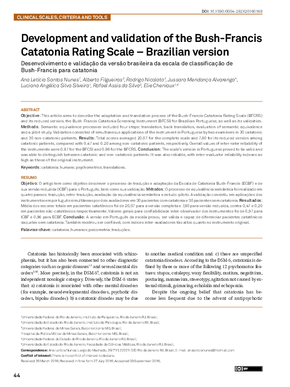 (PDF) Development and validation of the Bush-Francis Catatonia Rating ...