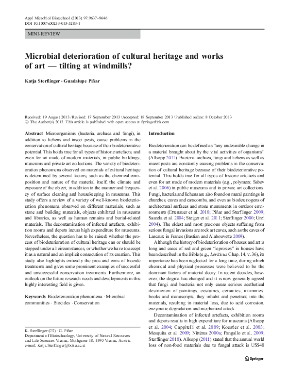 (PDF) Microbial deterioration of cultural heritage and works of art ...