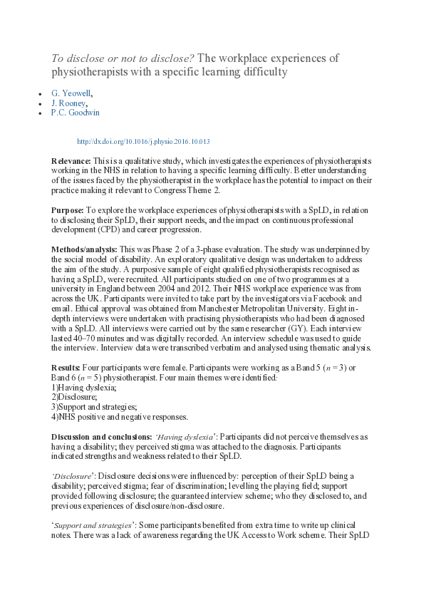(PDF) To disclose or not to disclose? The workplace experiences of ...