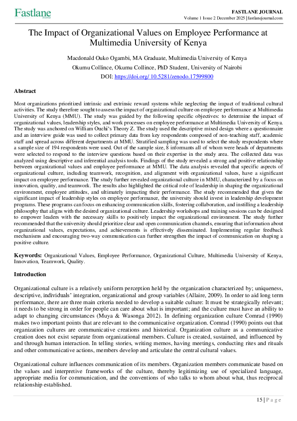 (PDF) The Impact of Organizational Values on Employee Performance at ...