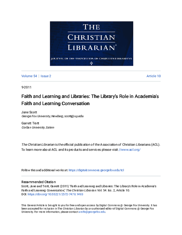 (PDF) Faith and Learning and Libraries: The Library's Role in Academia ...