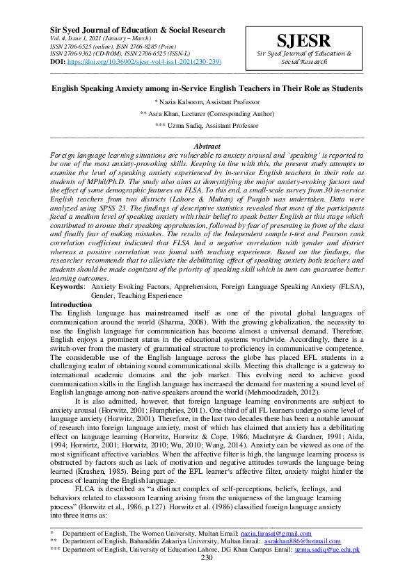 (PDF) English Speaking Anxiety among in-Service English Teachers in ...